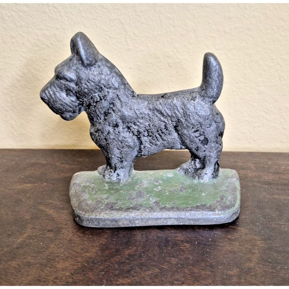 Cast Aluminum Scottie Dog Book End Vintage Door Stop w\ Old Green Paint 4 x 5 in